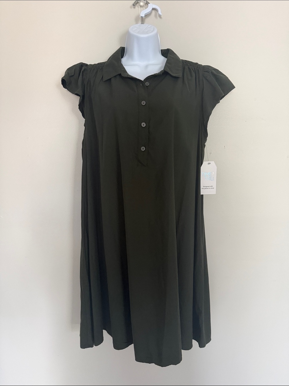Time and Tru Dark Olive Button-Front Midi Dress